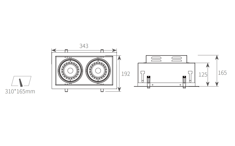 Technical dimensional drawing of AR02-2 compact twin-head grille light showing 343x192mm exterior frame and 310x165mm ceiling cutout.